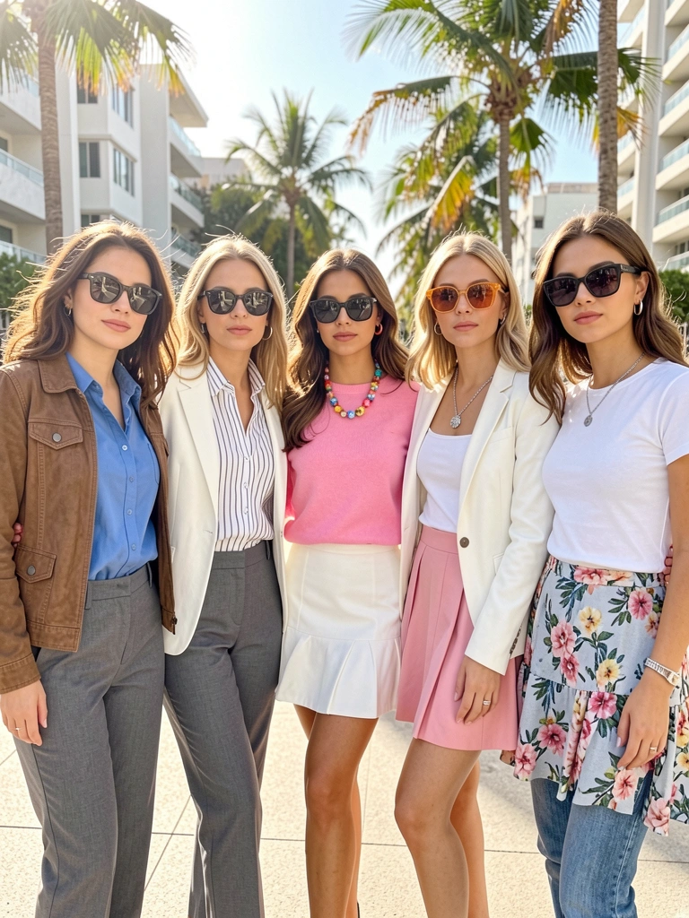 Cinco mulheres em poses confiantes ao ar livre, com roupas em azul, rosa e branco, óculos escuros e detalhes de tecidos e bijuterias sob luz natural intensa.