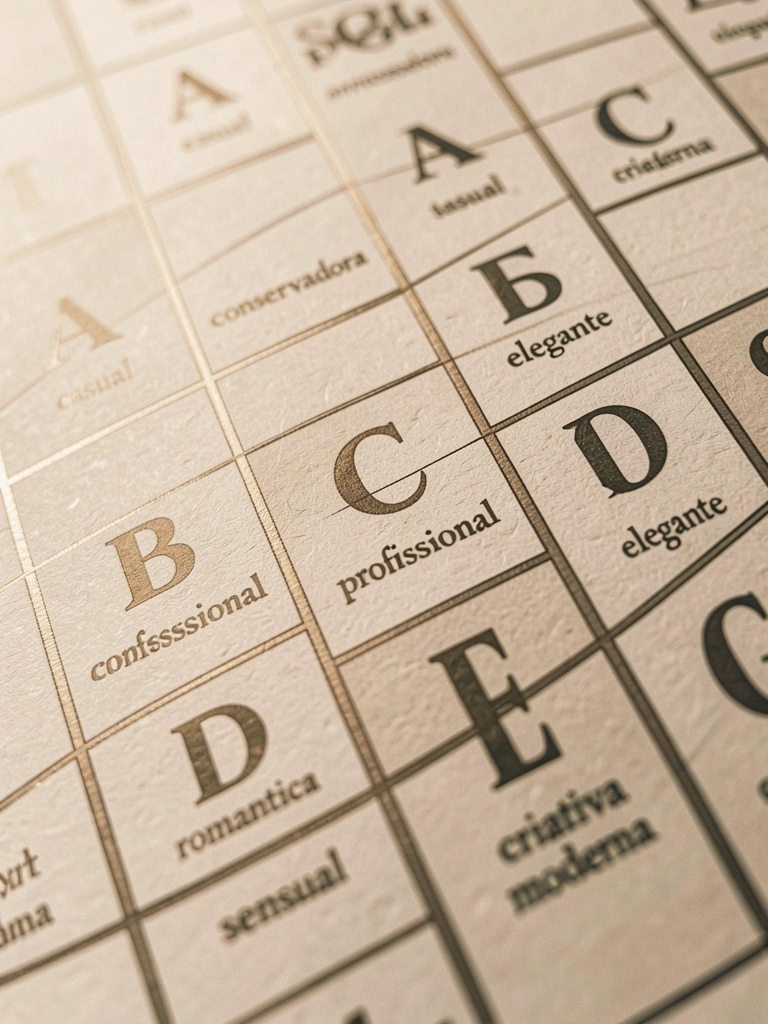 Grade com letras A a G e palavras de estilo, papel sob luz natural quente, brisa suave movendo a folha.