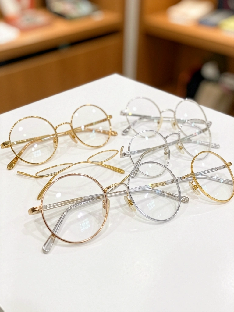 Óculos redondos e ovais de metal dourado e prateado dispostos geometricamente sobre superfície branca, com luz natural destacando reflexos e texturas.