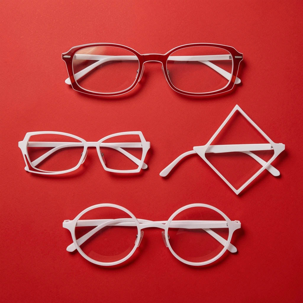 Cinco óculos de formatos geométricos distintos sobre fundo vermelho, com contornos brancos e iluminação suave.