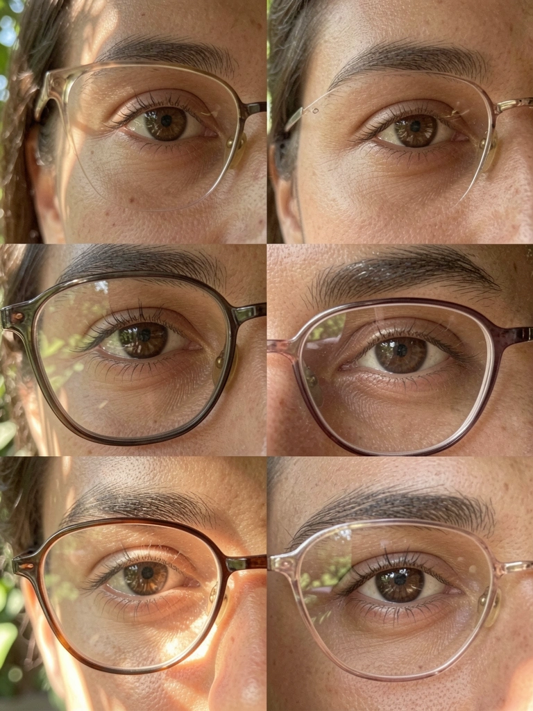 Rostos diversos em close-up com formatos variados, luz natural suave filtrando por uma janela com folhas, destacando olhos e sobrancelhas.