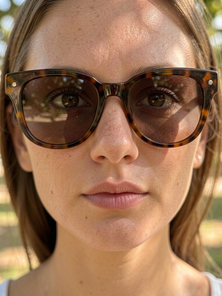 Close-up de mulher com óculos escuros tartaruga, luz natural, pele com textura realista e olhos expressivos.