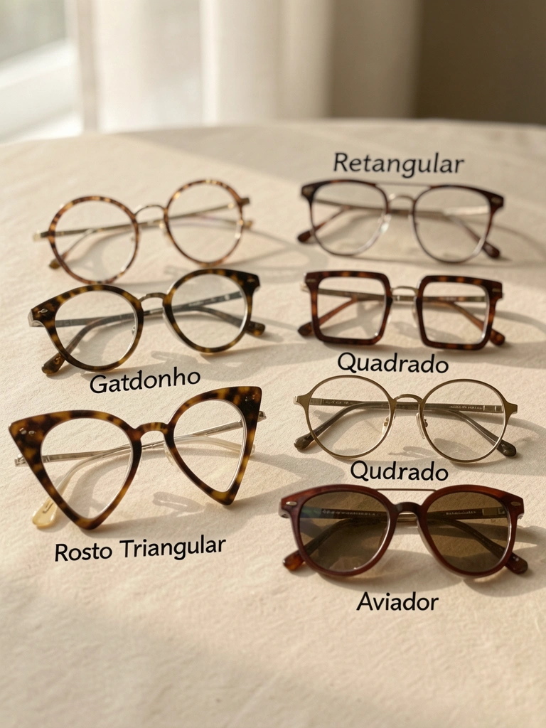 Seis armações de óculos em formas diferentes sobre superfície neutra, com luz natural difusa e detalhes nítidos das hastes e contornos.