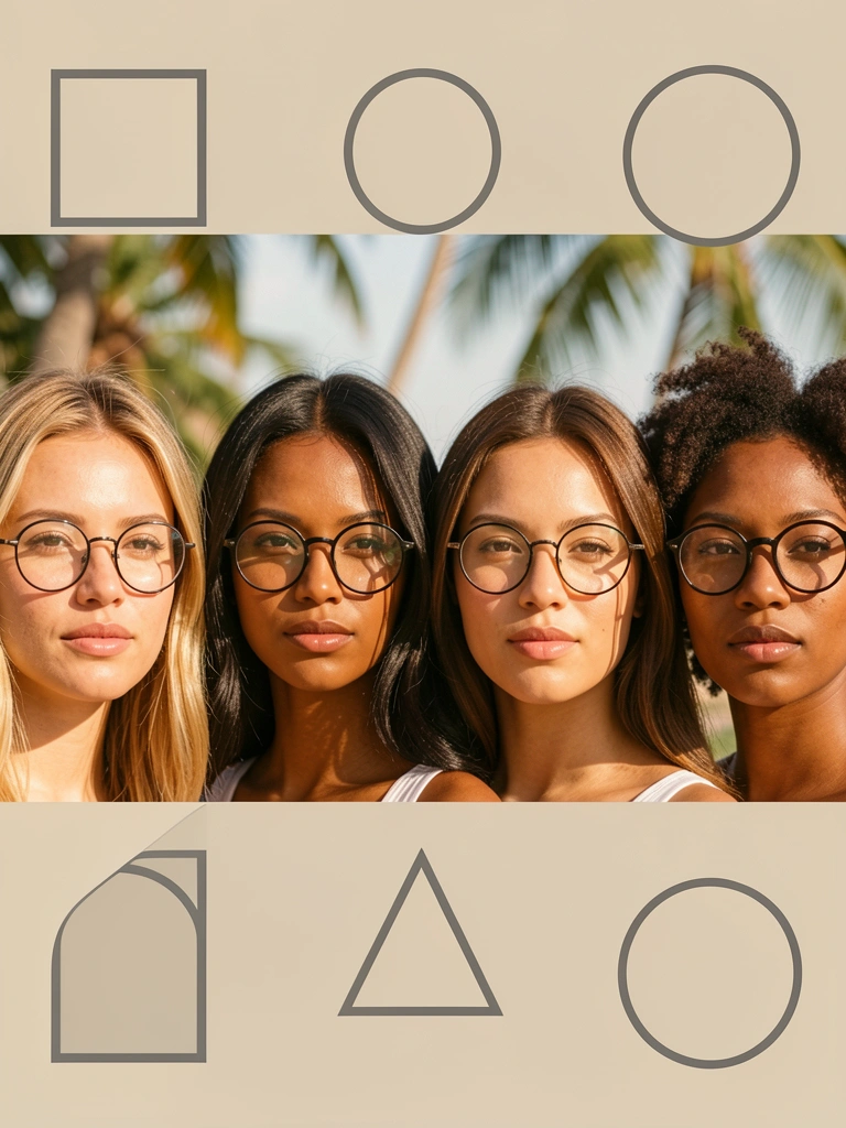 Quatro mulheres de diferentes tons de pele e penteados, cada uma com óculos redondos distintos, alinhadas em fila contra fundo neutro, com formas geométricas simples ao redor e luz natural.