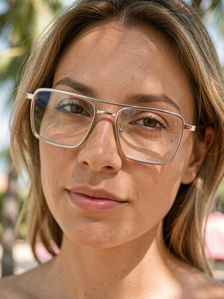 Mulher com óculos retangulares e quadrados, luz natural difusa e fundo desfocado com tons terrosos.