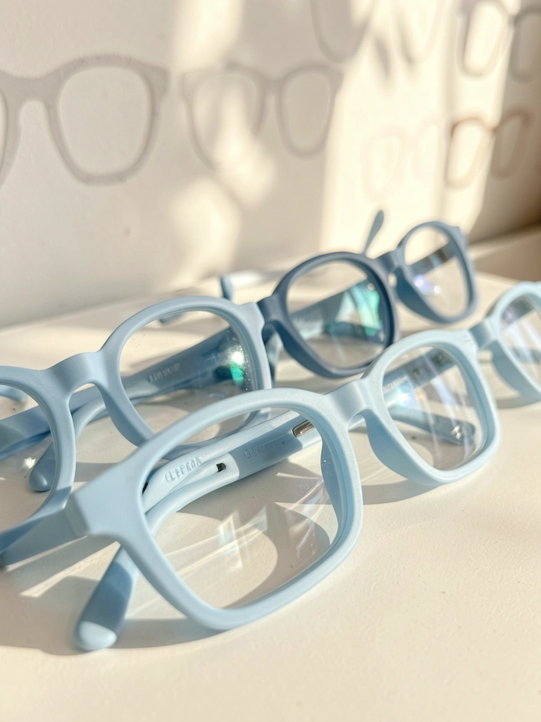 Cinco óculos de armação quadrada azul-clara com lentes arredondadas, dispostos em fila sob luz natural suave, fundo desfocado com padrões de óculos.