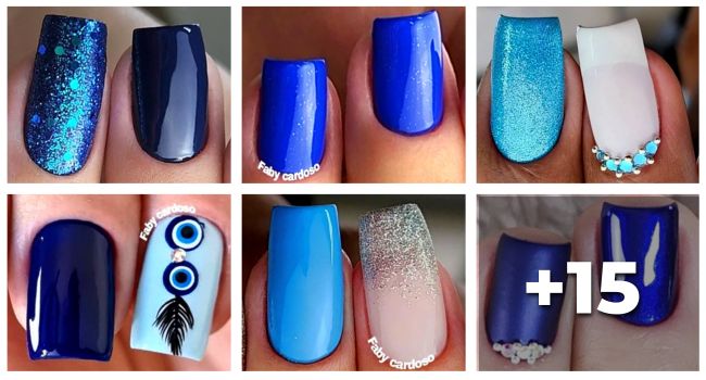 nail art azul e branco
