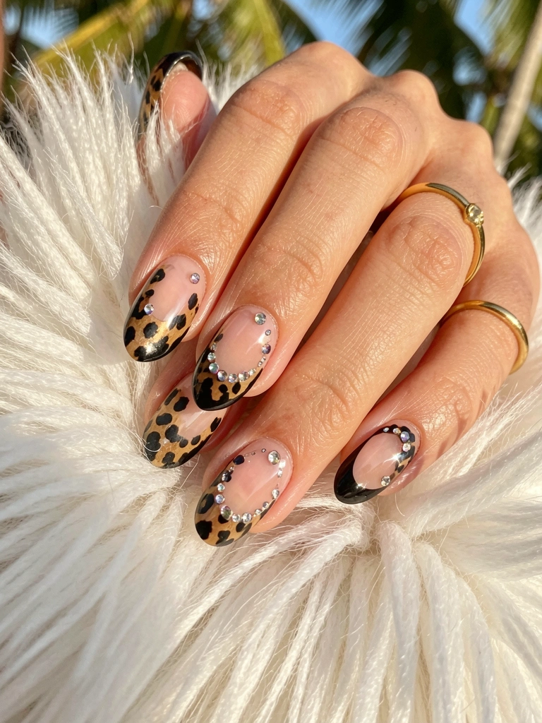 Mãos femininas com unhas francesinhas pretas e estampa de onça, anel de ouro no dedo anelar, sobre fundo de pele branca e fofa, luz natural.