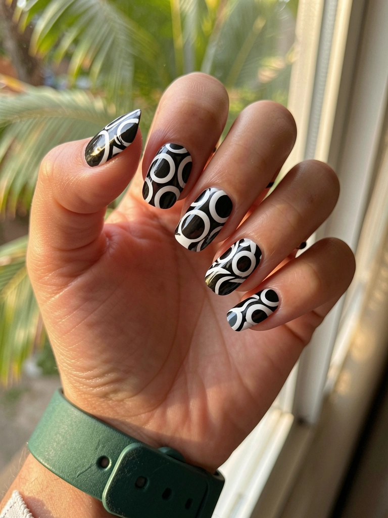 Mão feminina com unhas de arte geométrica preta e branca, pulseira verde escura, luz solar difusa.