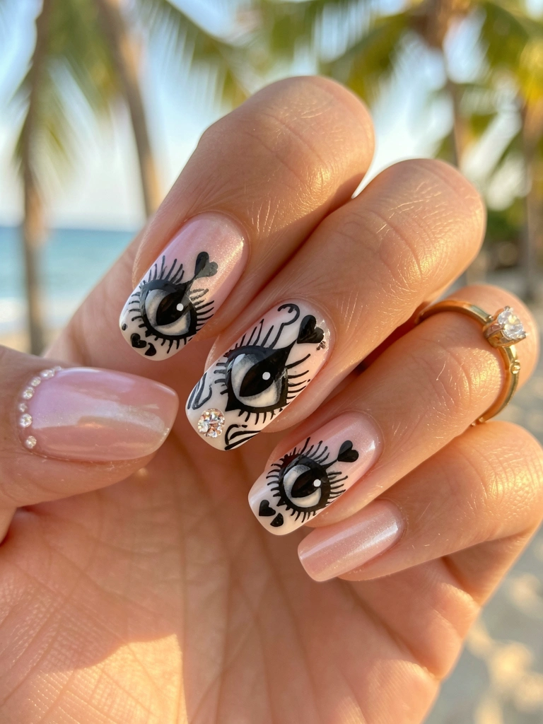 Mão com unhas decoradas em preto e branco, efeito olho de gato, corações e strass, anel de ouro com diamante, luz natural suave e fundo desfocado.