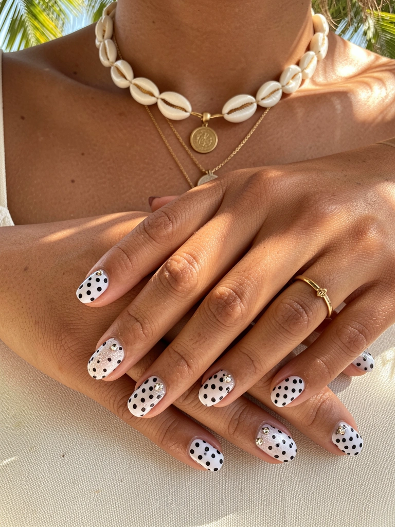 Mãos femininas com unhas pretas e brancas decoradas com glitter e strass, pulseira de conchas e colar de moeda, sobre tecido claro, luz natural tropical.