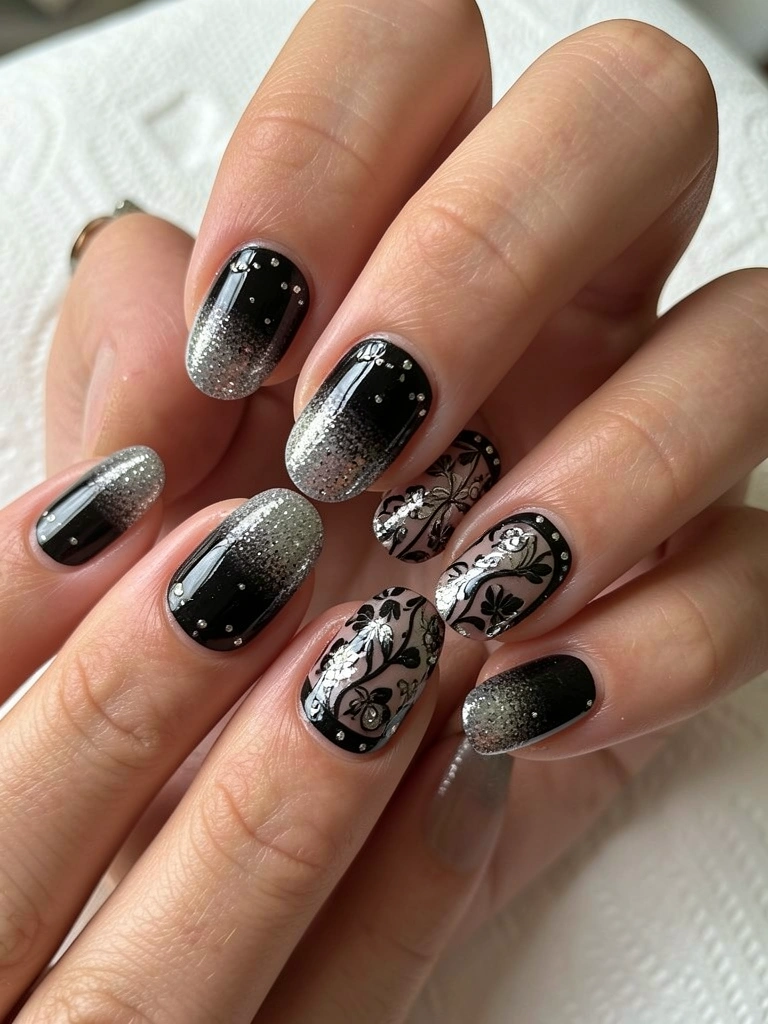 Close-up de cinco mãos com unhas decoradas em gradiente preto com glitter prateado nas pontas, algumas com borda preta e detalhes florais, iluminadas por luz natural difusa.