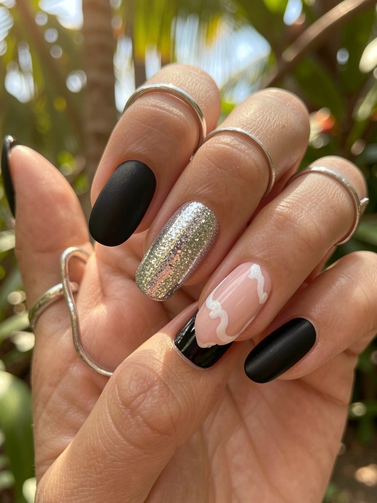 Close-up de mãos com esmalte preto fosco e glitter prateado brilhante em uma unha, anel prateado, luz natural filtrada por folhagens.