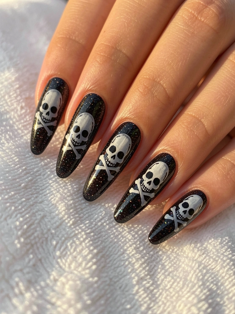 Dez unhas longas com glitter escuro e arte detalhada em preto e branco com crânios e ossos, sobre superfície branca texturizada, luz natural suave e fundo desfocado.
