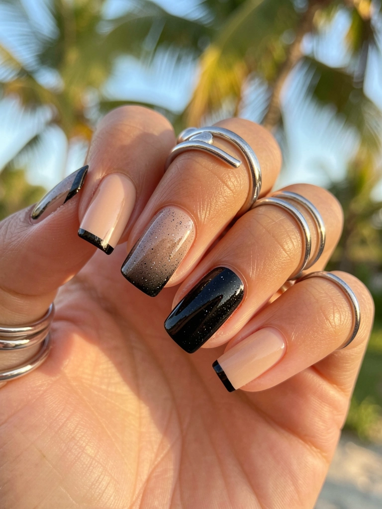 Mão com unhas nuas e pretas com glitter, borda preta e anéis prateados, luz natural suave.