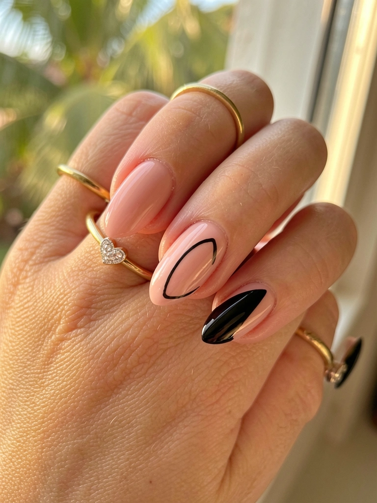 Mão com unhas pretas acetinadas e detalhe em nude, anel de ouro e anel de diamante coração, luz natural filtrada.
