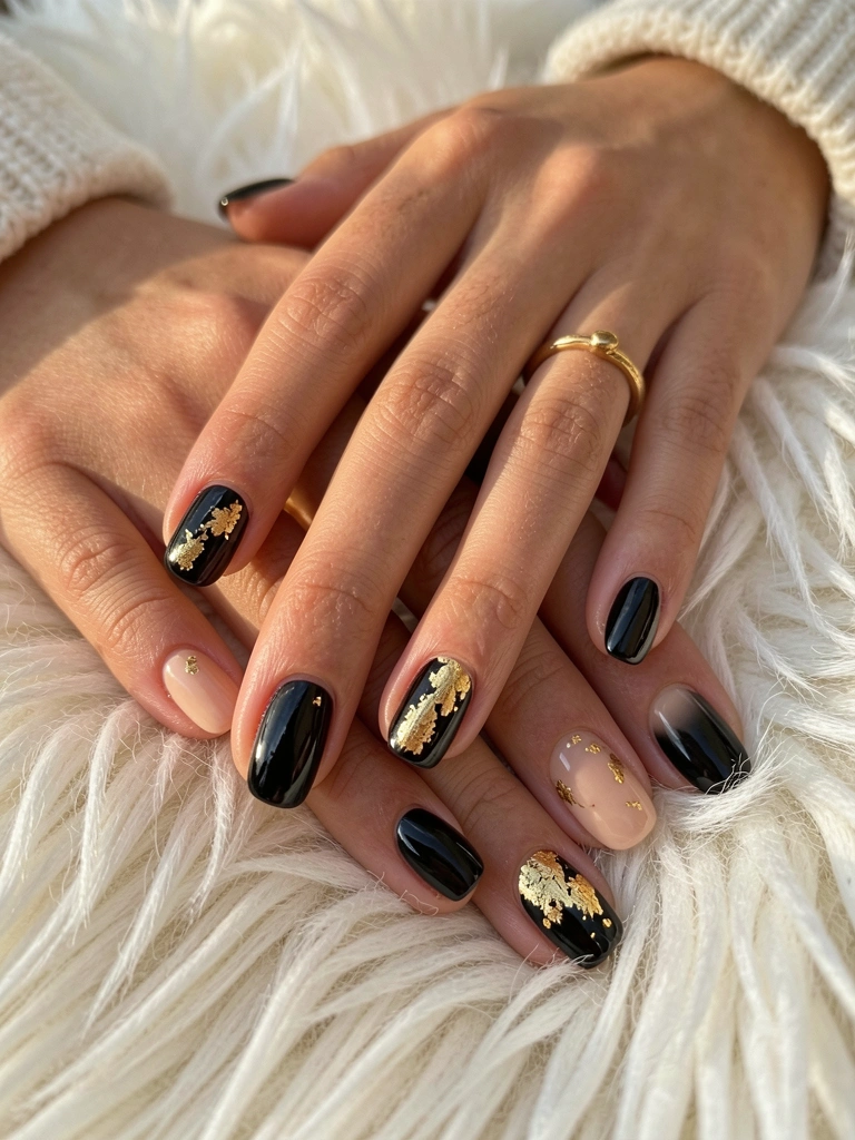 Mãos femininas com unhas pretas e detalhes em folha de ouro sobre pele branca, anel dourado, luz natural suave, fundo de pele branca desfocado.