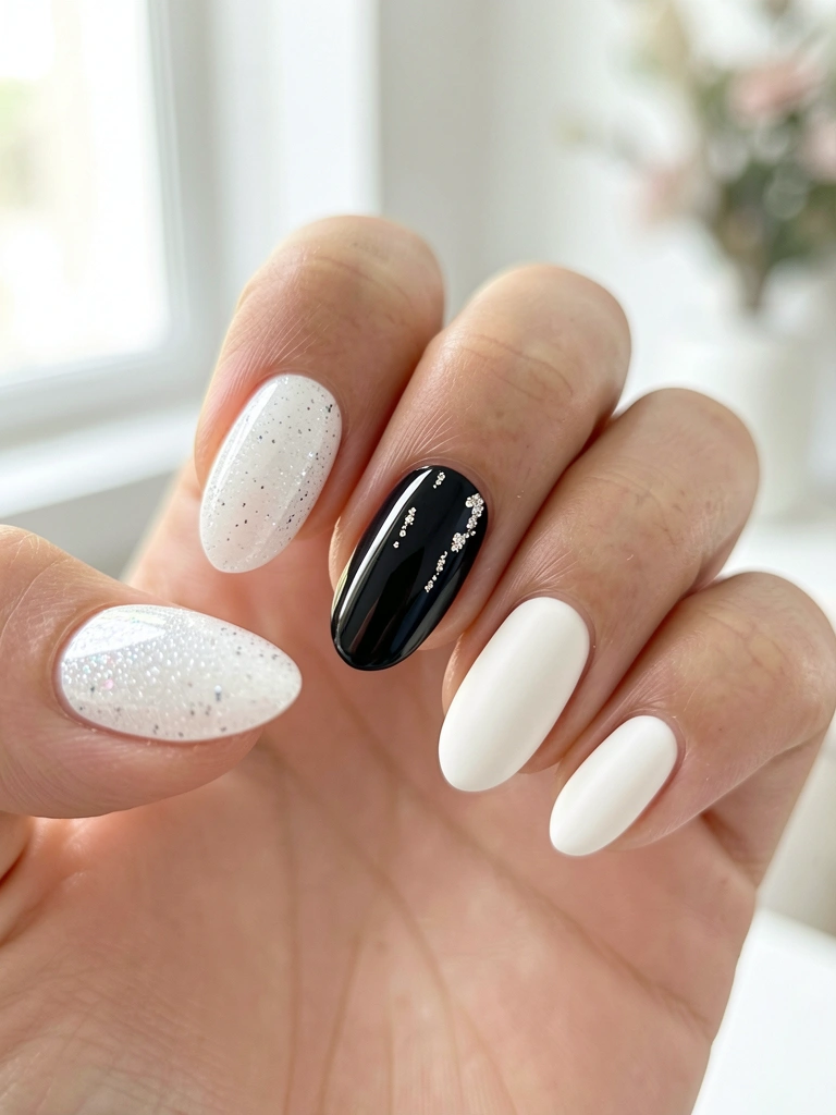 Close-up de unhas ovais com esmalte glitter branco, preto brilhante e branco fosco, luz natural suave e fundo desfocado.