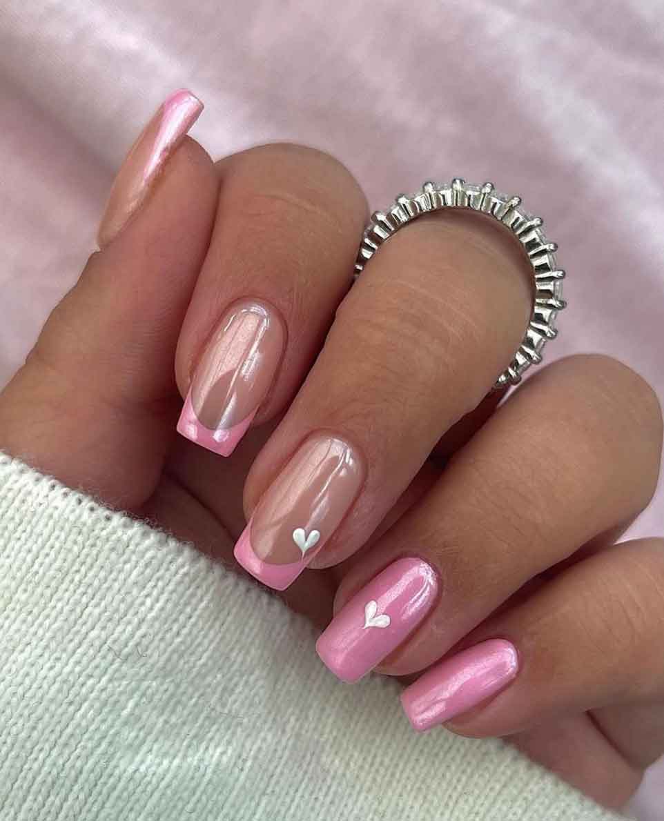 unha de gel amêndoa rosa decorada