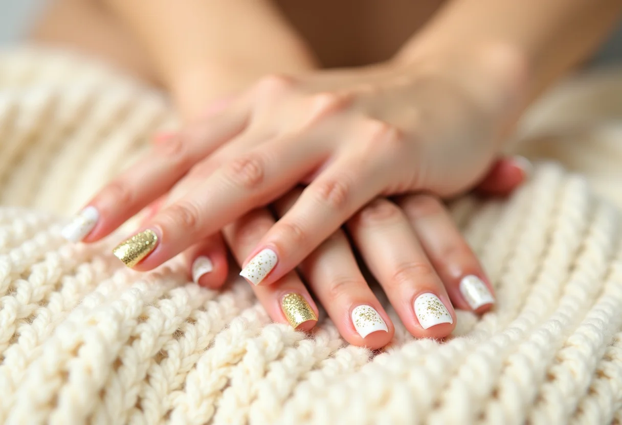unhas decoradas elegantes branco e dourado