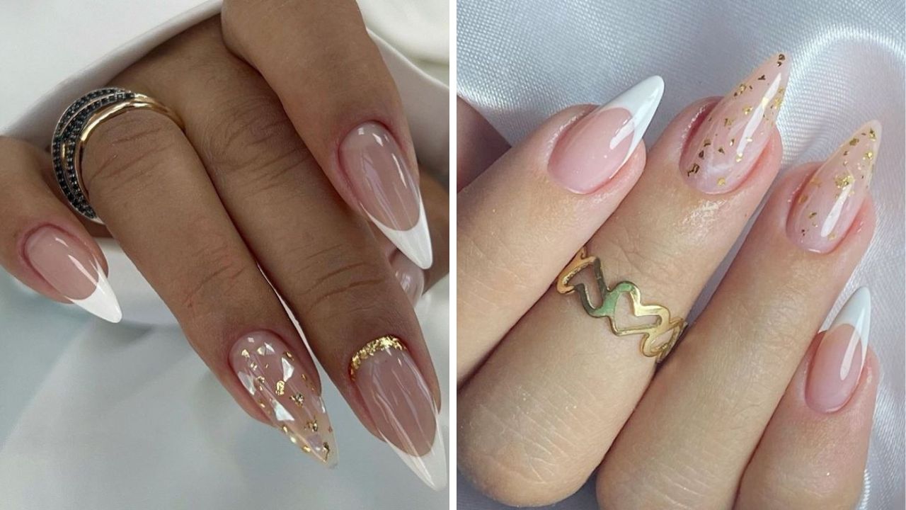 unhas brancas com glitter dourado