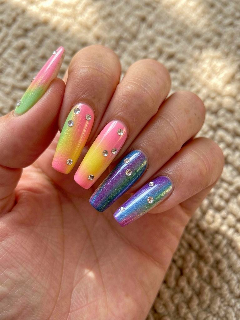 Mão com unhas longas em gradiente arco-íris com brilho e pedrinhas sobre carpete bege texturizado, luz natural suave.