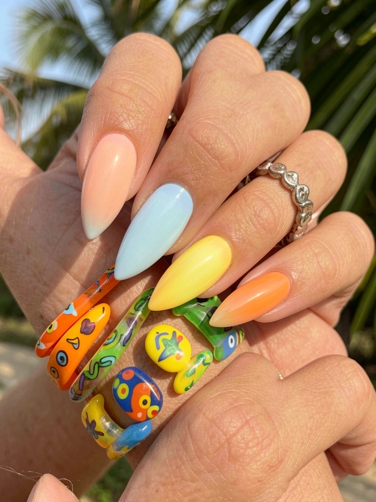 Close-up de mãos com esmalte degradê em tons de pêssego, azul, amarelo e laranja e anéis resinados coloridos, luz natural difusa.