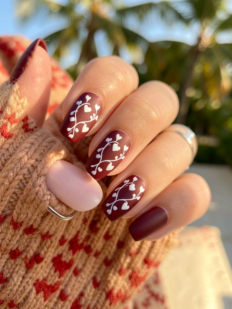 Mão com esmalte vinho e nail art de corações e vinhas brancas, anel prateado no dedo, fundo desfocado de tricô vermelho.