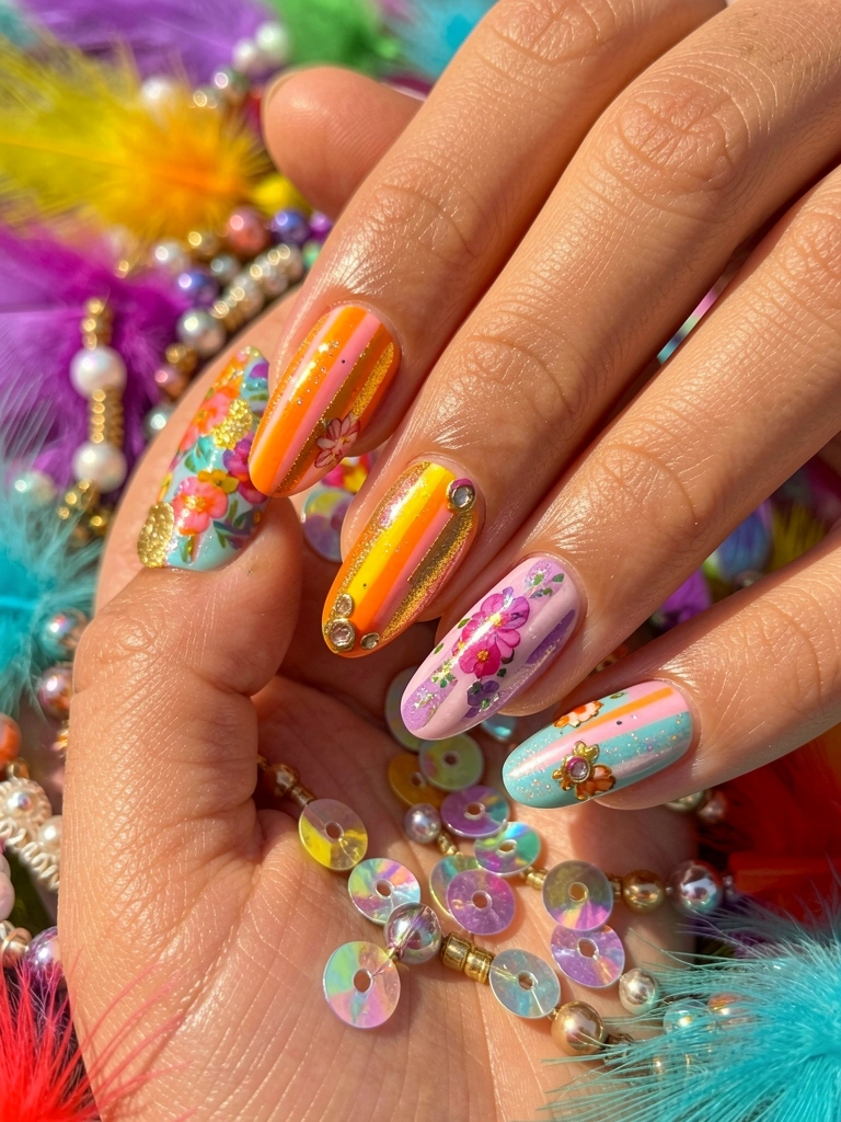 Close-up de unhas com nail art colorida em listras e florais, fundo desfocado de penas e miçangas sob luz natural.