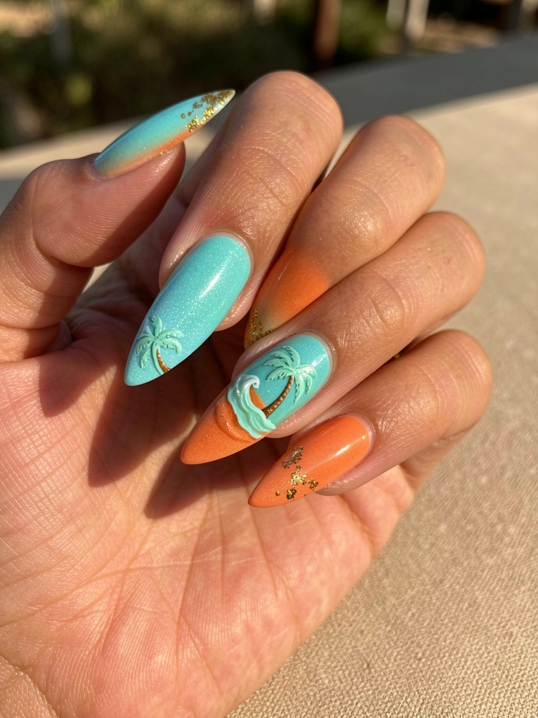 Mão com unhas longas em gradiente turquesa a laranja, detalhe de palmeira e ondas, glitter dourado nas pontas, sobre superfície bege iluminada por luz natural.