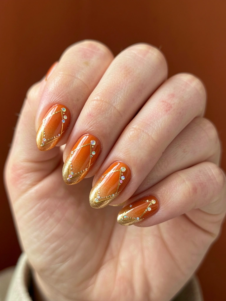 Mãos femininas exibindo unhas laranja-douradas com pedras iridescentes e padrões geométricos, fundo terracota desfocado com luz difusa.
