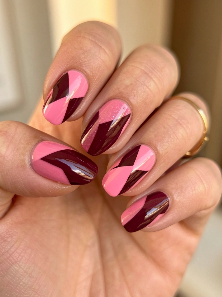 Mão com unhas decoradas em blocos de rosa e vinho, anel de ouro, fundo desfocado com luz natural.