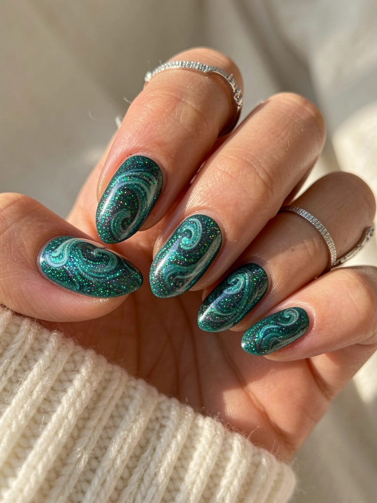 Mão exibindo unhas decoradas em glitter azul-petróleo com efeito ondulado, anéis prateados, luz natural, fundo desfocado de manga de suéter branco.