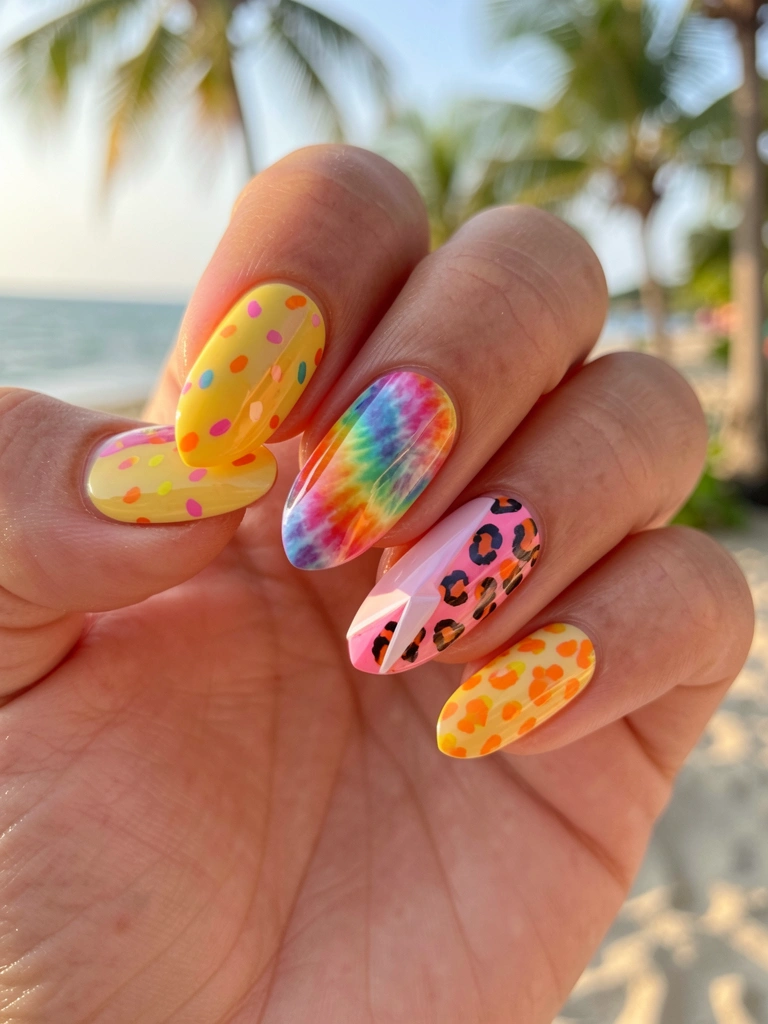 Mão exibindo unhas acrílicas coloridas: confete amarelo-laranja, tie-dye arco-íris, geométrica rosa pastel, leopardo rosa-laranja, confete laranja-amarelo; luz natural suave.