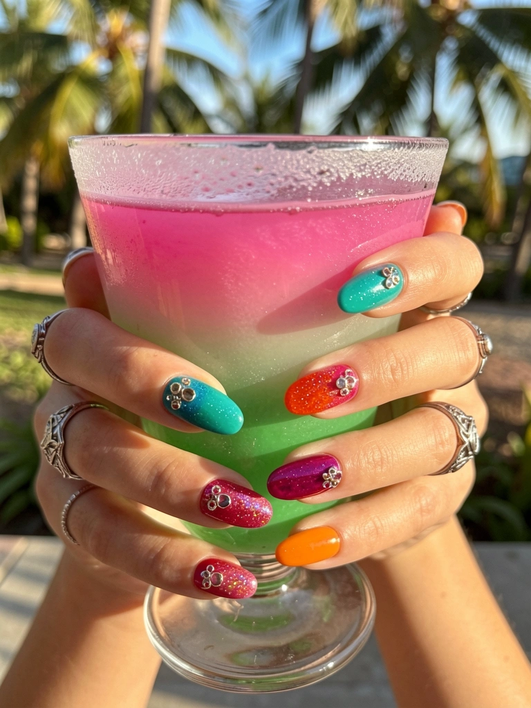 Mãos femininas seguram copo de coquetel com líquido rosa e verde, unhas esculpidas em tons de teal, magenta e laranja com glitter e pingentes, anéis de prata, luz natural do dia.