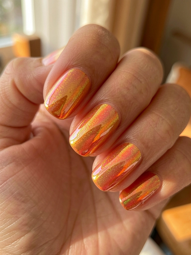 Mão com esmalte holográfico iridescente refletindo tons de ouro, laranja e rosa sob luz natural, fundo levemente desfocado.