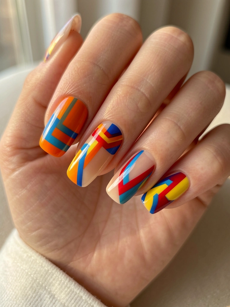 Mãos com unhas decoradas em nude, listras geométricas laranja, vermelho, azul e amarelo, luz natural e fundo neutro desfocado.