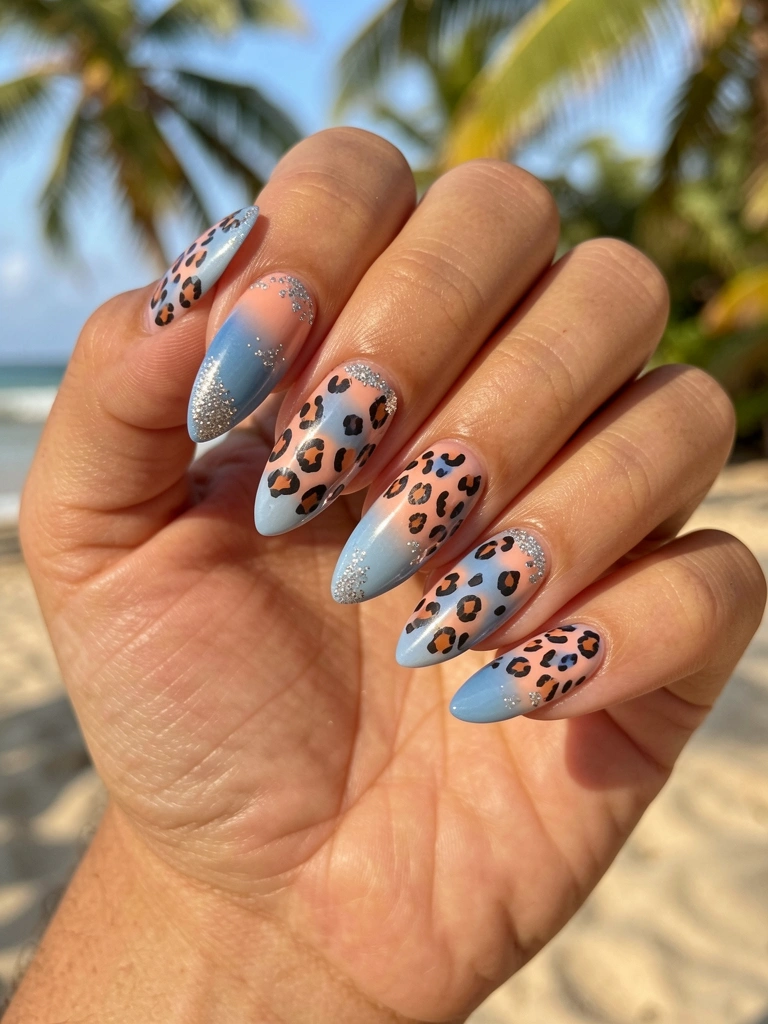 Mãos femininas com unhas longas em degradê azul e pêssego, estampa de onça e glitter prateado, luz natural tropical.