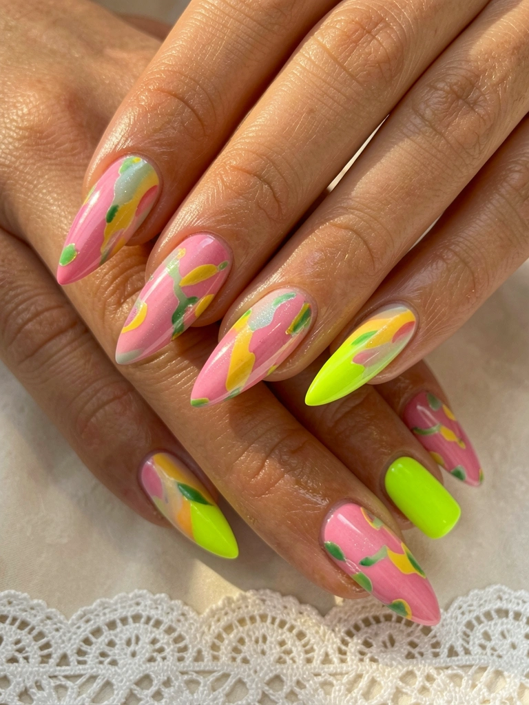 Close-up de mãos com unhas longas e ovais pintadas em abstrato multicolorido com pink, amarelo e verde, destaque para uma unha verde neon na base, luz natural suave e renda branca no canto inferior.