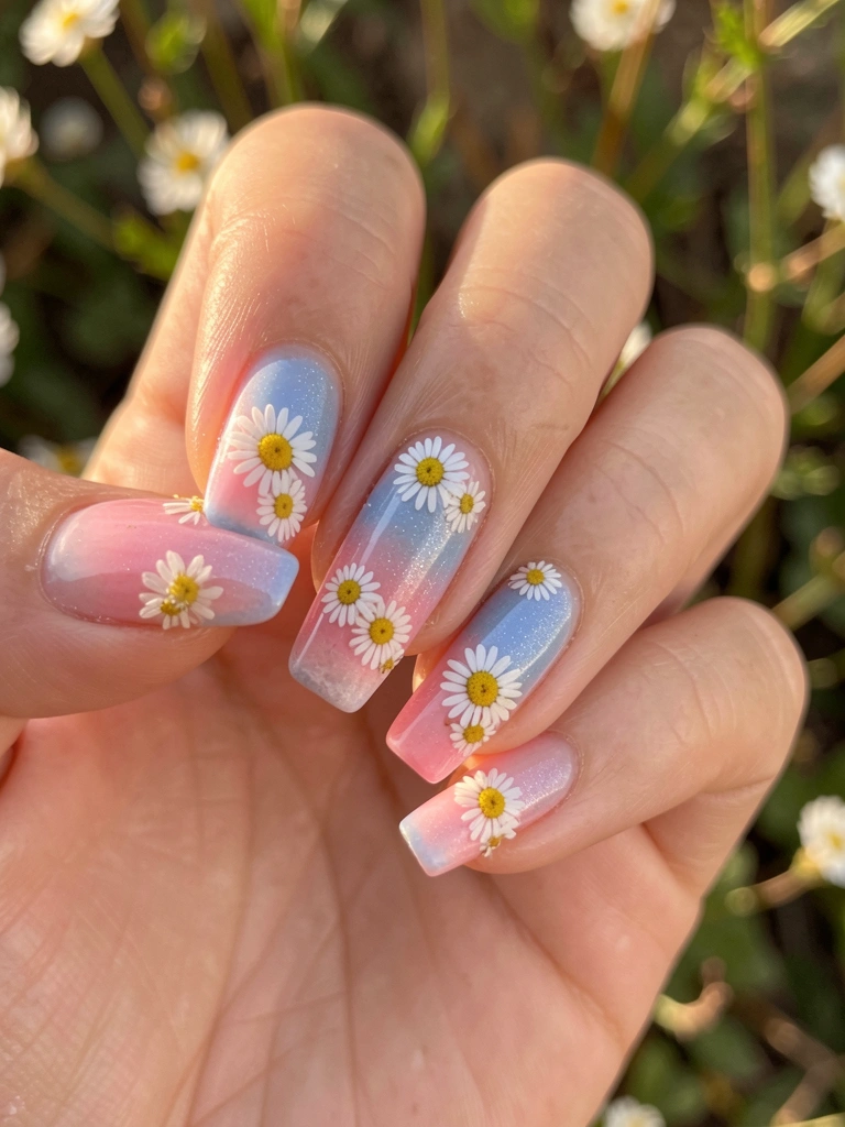 Mão feminina segurando unhas com esmalte degradê rosa e azul, decoradas com margaridas brancas, luz natural suave e folhagem ao fundo.