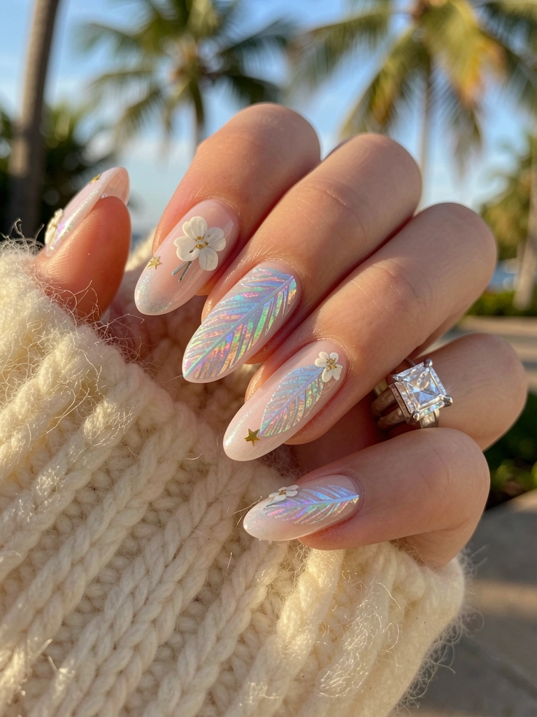 Mão feminina com unha holográfica azul e rosa, desenho de pena iridescente e flor branca, anel de diamante e manga de tricô creme ao fundo.