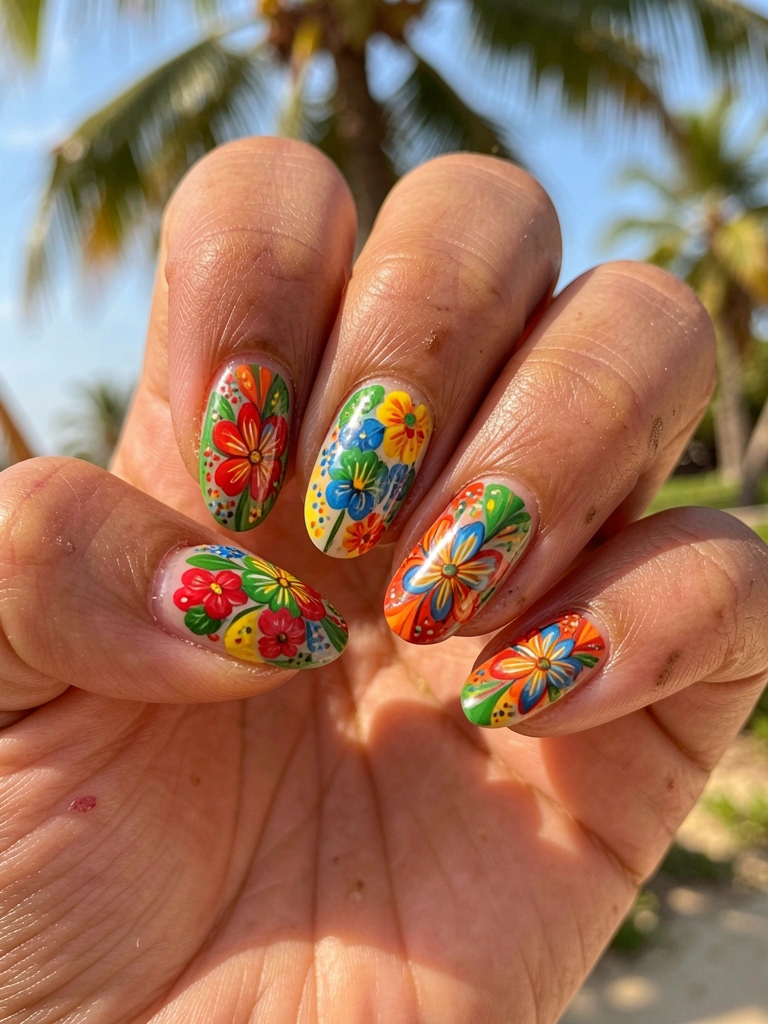 Mãos seguindo unhas decoradas com flores vermelhas, azuis e amarelas em fundo desfocado, luz natural do dia.