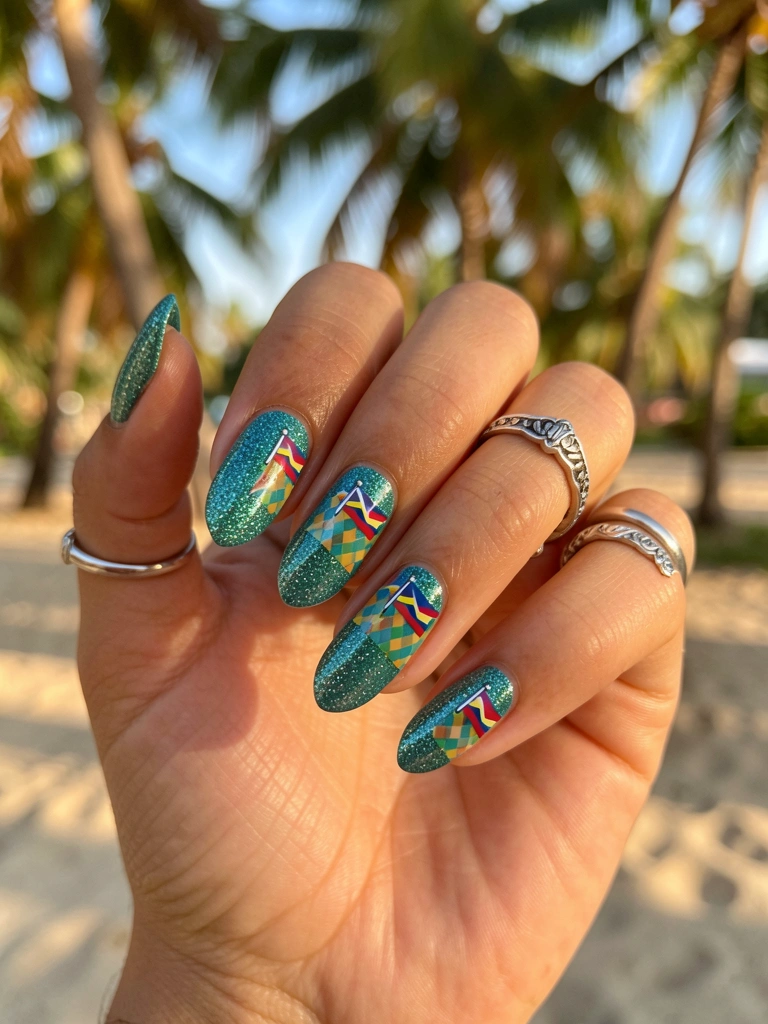 Mão feminina com unhas azul-petróleo decoradas com padrão xadrez e bandeirinhas coloridas, anéis de prata em close, luz natural quente e fundo desfocado.