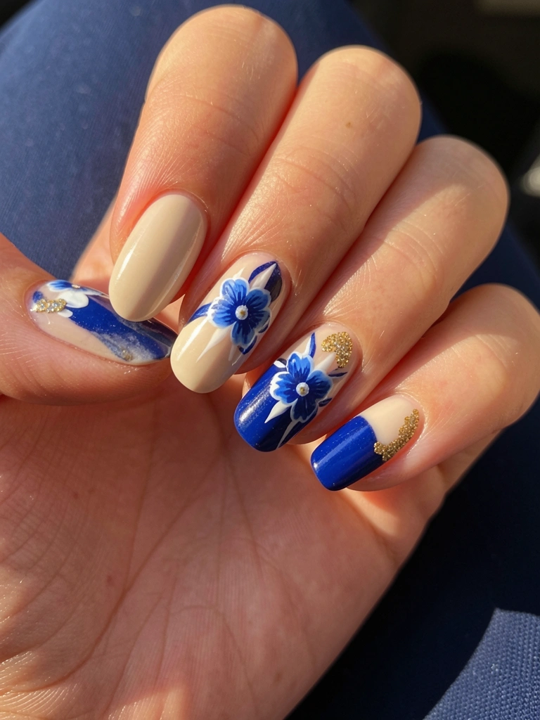Mão com unhas pintadas de bege claro e azul royal, detalhe de flor azul com branco e glitter dourado, sobre tecido azul escuro com luz natural.