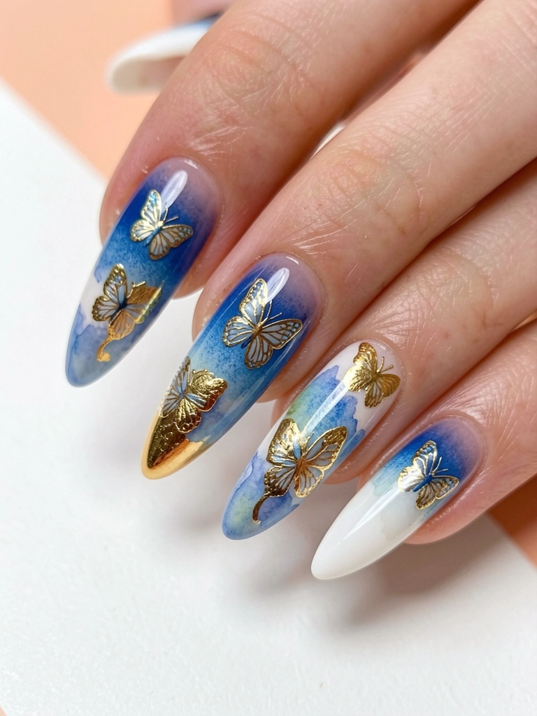 Unhas alongadas com esmaltação azul degradê e dourado foil, adesivos de borboleta e pontas brancas, fundo desfocado claro.
