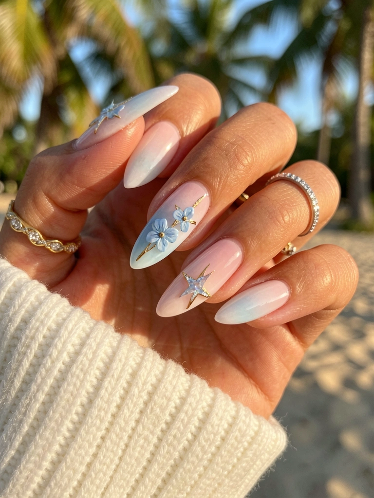 Mão feminina com unhas longas em degradê rosa e azul, flor azul com detalhes dourados e estrela brilhante, anel de ouro e diamante, manga de tricô branco ao fundo, luz natural.