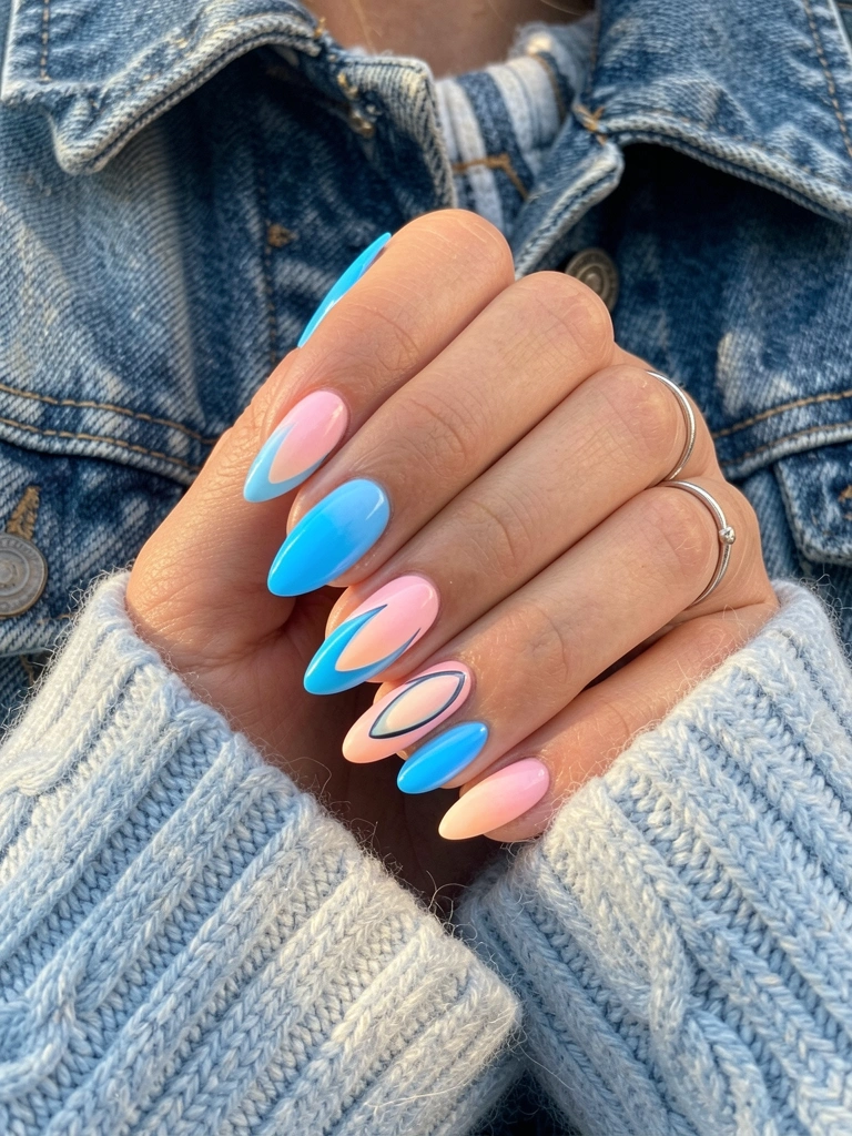 Mãos com unhas em gel neon azul degradê para rosa pastel e pêssego, formato oval alongado, contra jaqueta jeans e suéter de tricô azul claro, anel de prata, luz natural.