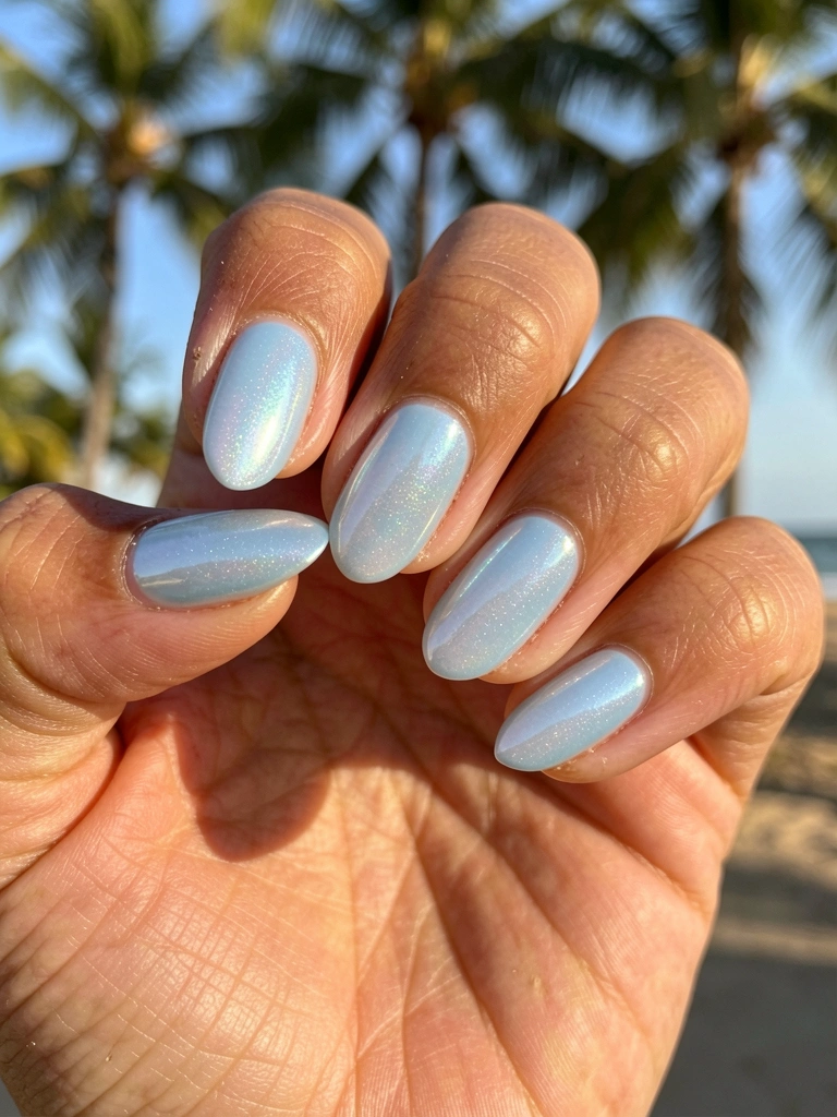 Close-up de mão feminina com unhas azul iridescente, textura de pele realista e reflexos de luz natural.