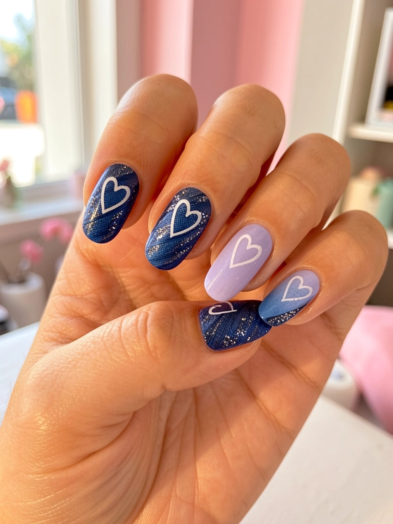 Mãos femininas com unhas em degradê azul safira a lavanda, padrão texturizado escuro com glitter prateado e coração branco, fundo rosa pastel desfocado com luz natural.