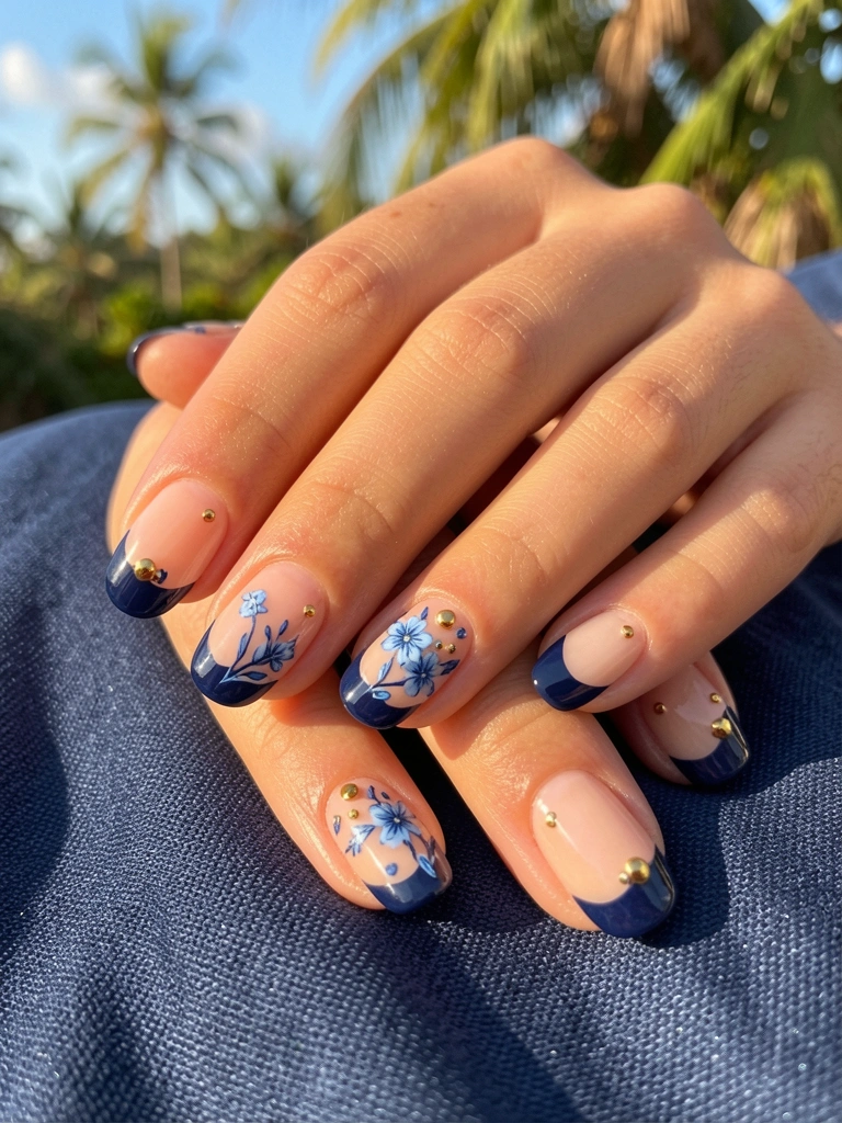 Mãos femininas com unhas francesinhas azul-marinho e nude, decoradas com delicadas flores azuis e pequenos studs dourados, sobre tecido texturizado azul escuro, luz natural suave.